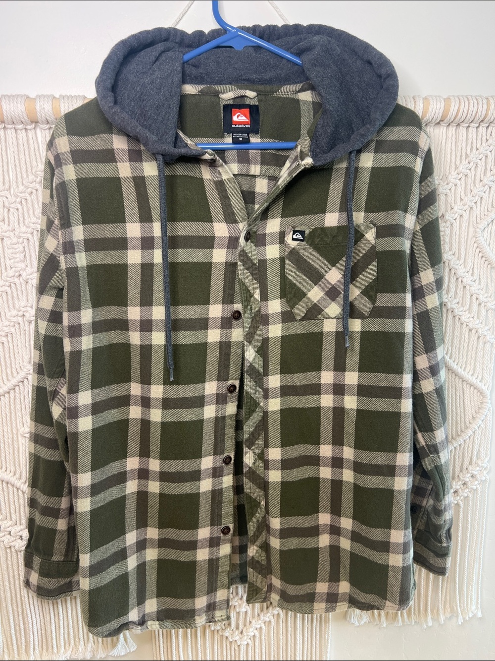 Quiksilver Men's Olive Green Plaid Hooded Cardigan